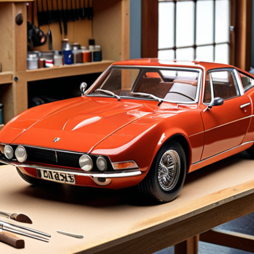 Home 18 ** A detailed, realistic scale model of a classic sports car displayed on a clean workbench, with tools and paints neatly arranged around it. Focus on the craftsmanship and the precision of the model.
**