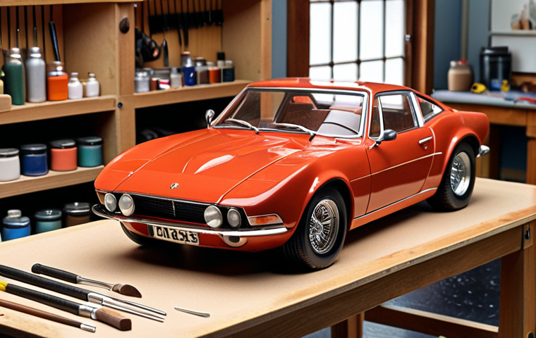 ** A detailed, realistic scale model of a classic sports car displayed on a clean workbench, with tools and paints neatly arranged around it. Focus on the craftsmanship and the precision of the model.

**