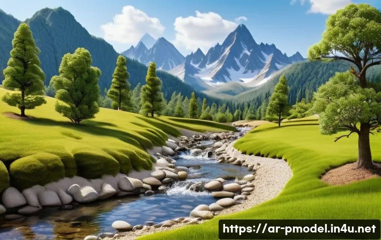 지오라마 프라모델 제작법 - **Prompt: Serene Mountain Stream Diorama**
    A highly detailed diorama depicting a serene natural ...