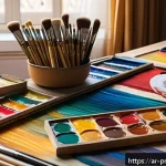 Home 18 도색용 아크릴 물감 종류 - A detailed artistic workspace scene showcasing acrylic painting supplies tailored for Arabic artists...