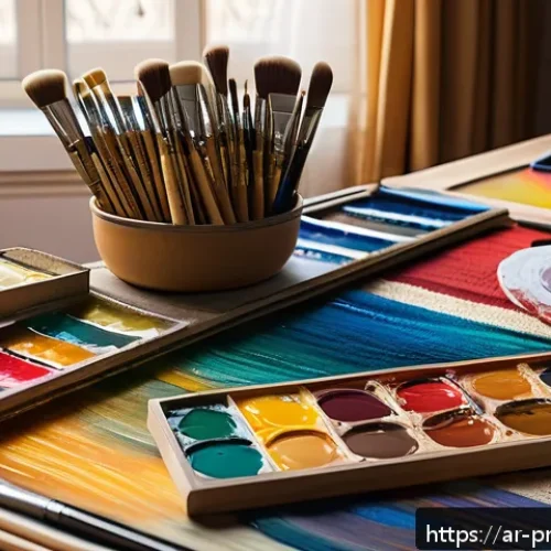 Home 30 도색용 아크릴 물감 종류 - A detailed artistic workspace scene showcasing acrylic painting supplies tailored for Arabic artists...