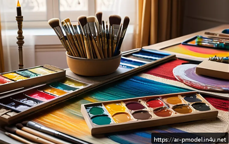 도색용 아크릴 물감 종류 - A detailed artistic workspace scene showcasing acrylic painting supplies tailored for Arabic artists...