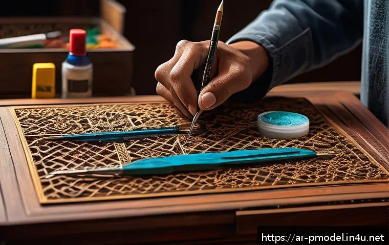 프라모델 대회 참가 후기 - A highly detailed close-up of a skilled modeler&rsquo;s workspace featuring specialized fine brushes of va...