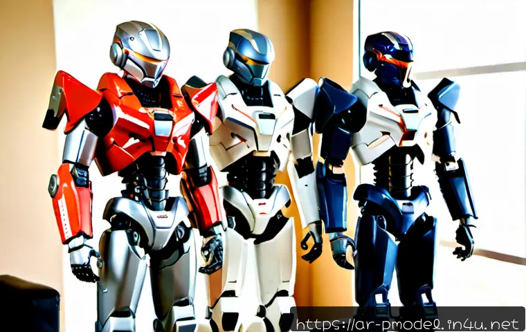 건담 SEED 모델 라인업 - Photorealistic studio lineup of four unbranded futuristic humanoid mecha scale models, arranged by s...
