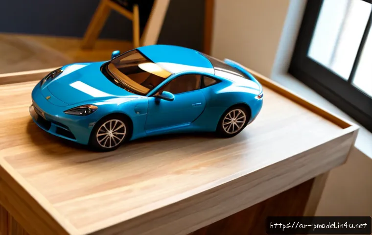 디자이너 컬렉션 프라모델 - Photorealistic designer collectible scale model kit displayed on a clean walnut workbench in a conte...